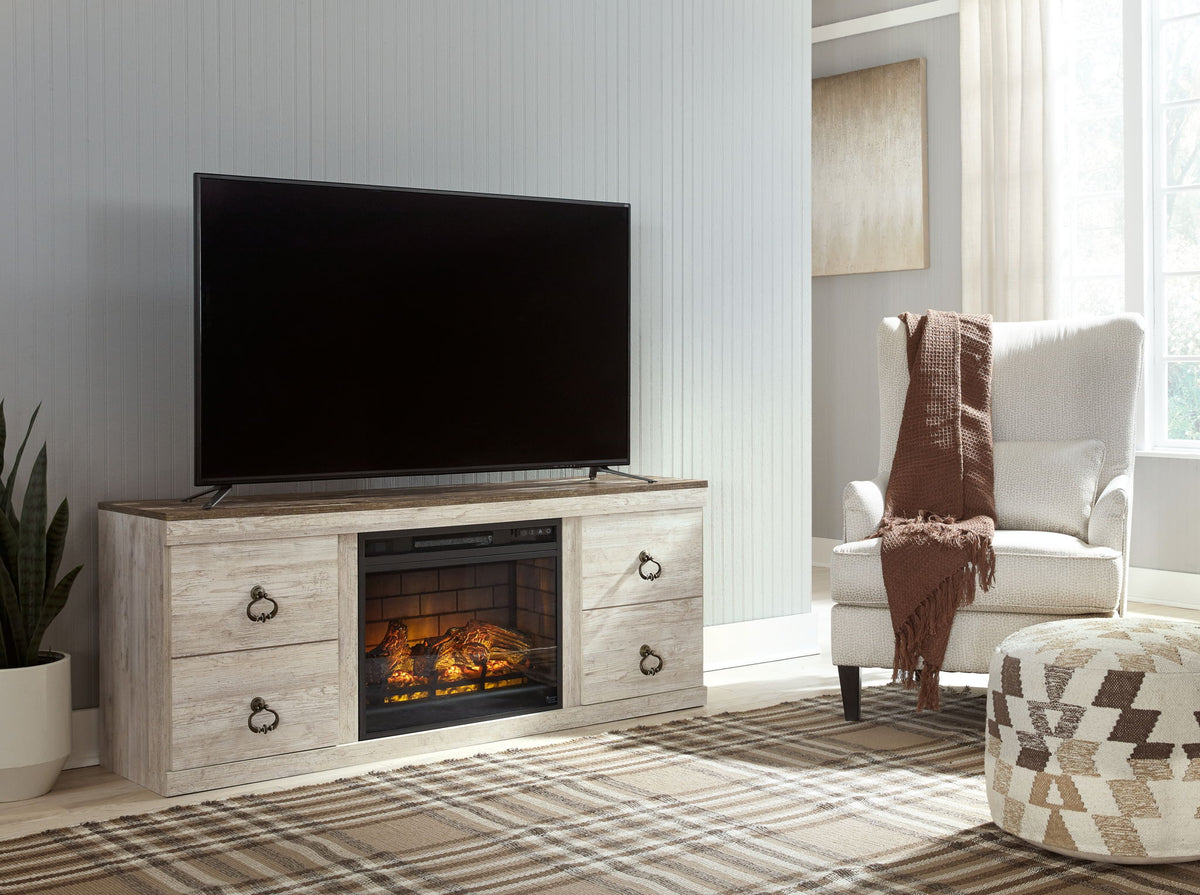 Willowton - 2 Pc. - TV Stand With Faux Firebrick Fireplace Insert - Whitewash by Ashley – Fireplace TV Stands