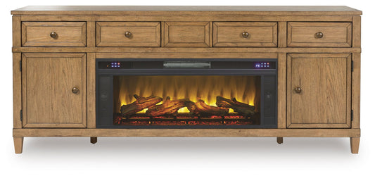 Sharlance - 81" TV Stand With Electric Infrared Fireplace Insert - Light Brown by Ashley – view 2