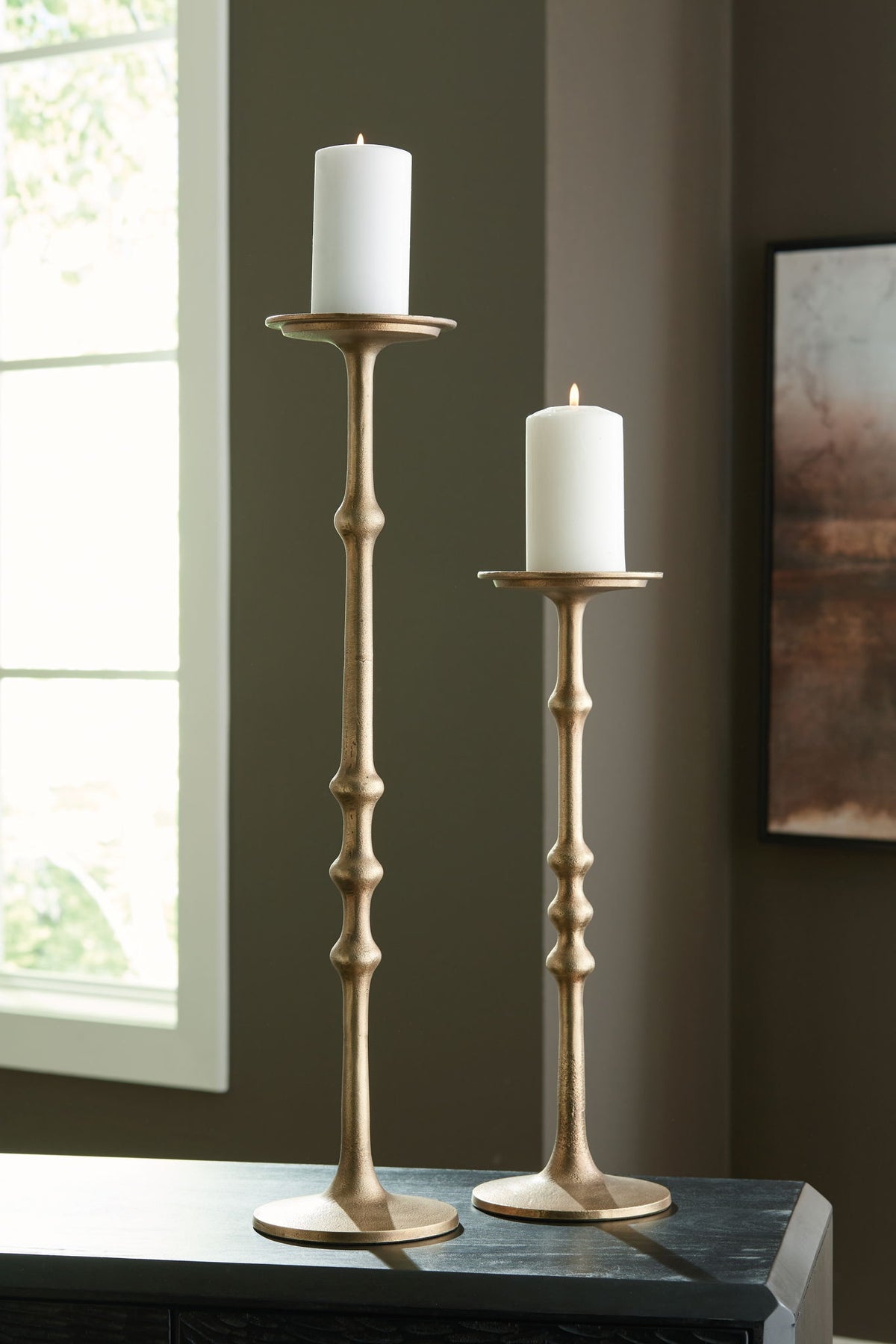 Larwick - Candle Holder Set (Set of 2) - Antique Brass Finish by Ashley – view 4
