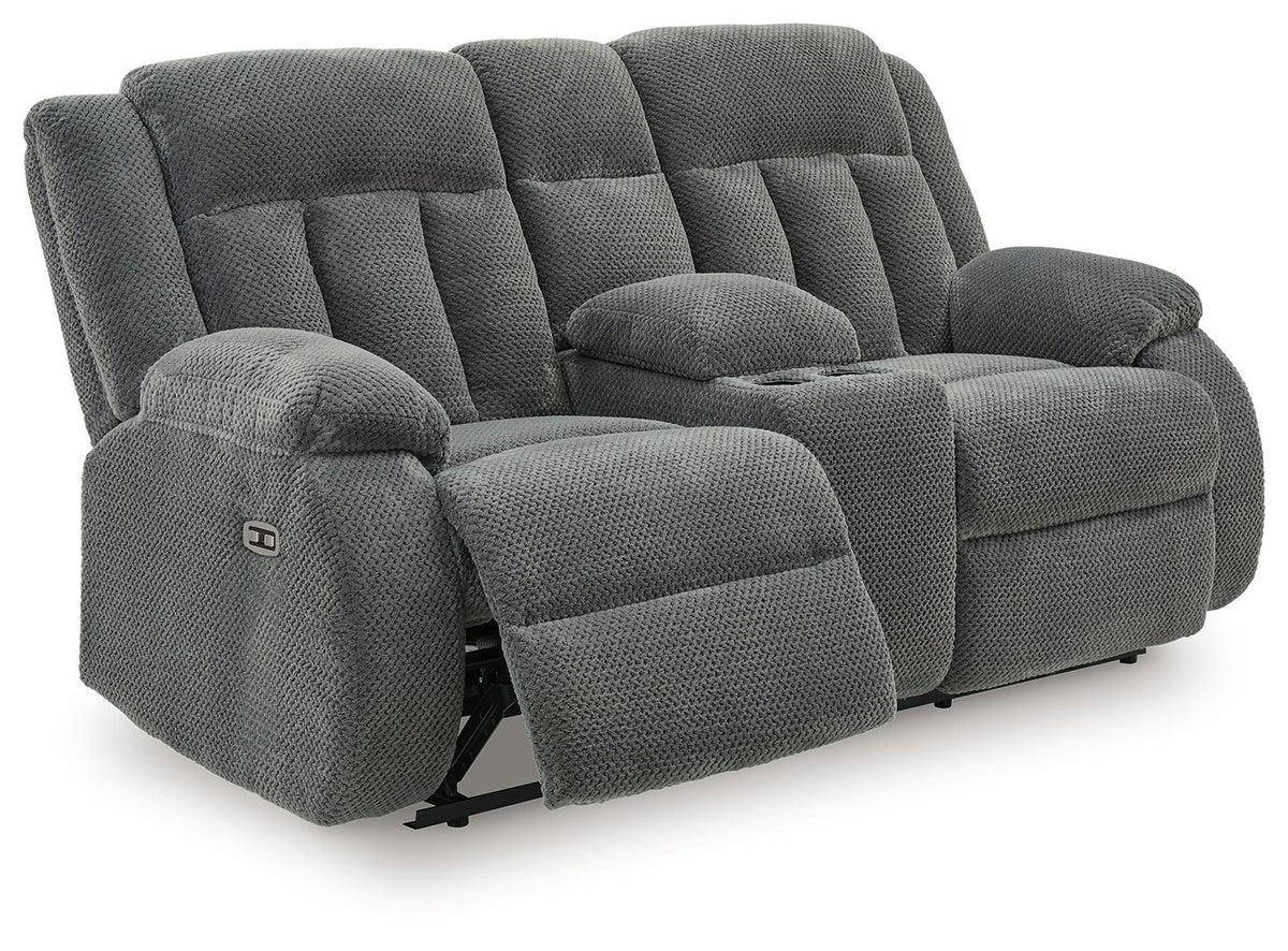 Observation - Double Reclining Power Loveseat With Console - Steel by Ashley – view 4