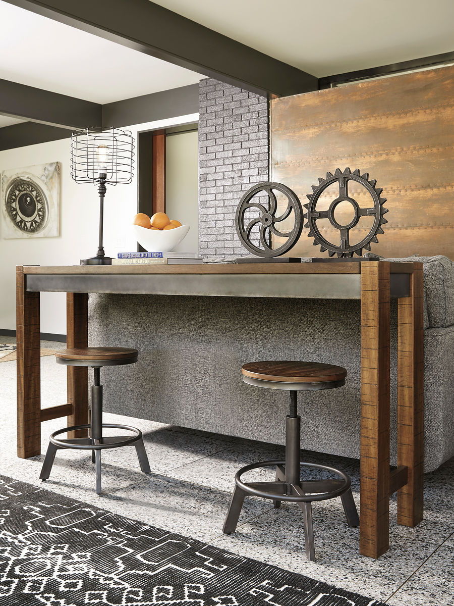 Torjin - 3 Pc. - Long Counter Table, 2 Stools - Dark Brown by Ashley – 3 Piece Dining Room Sets