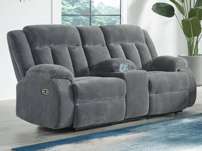Observation - Double Reclining Power Loveseat With Console - Steel by Ashley – view 2