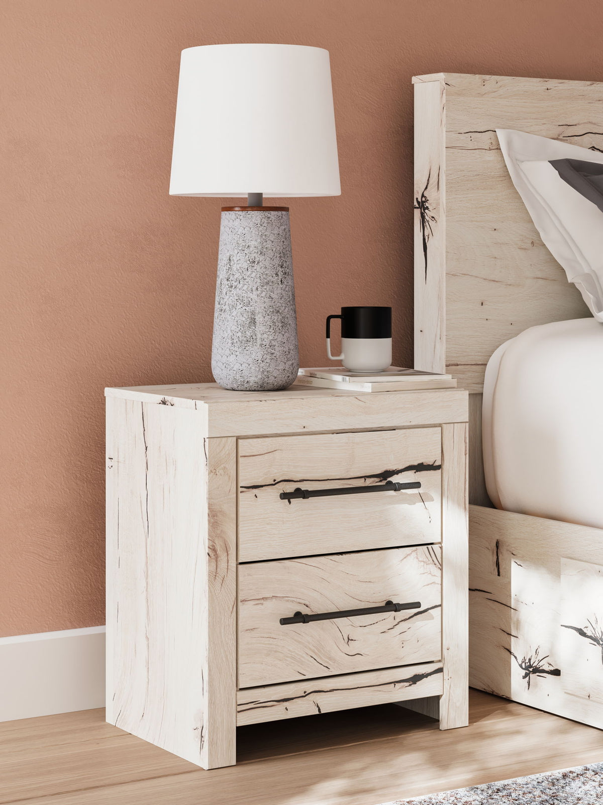 Lawroy - Two Drawer Night Stand - Light Natural – Nightstands w/ Charging Stations