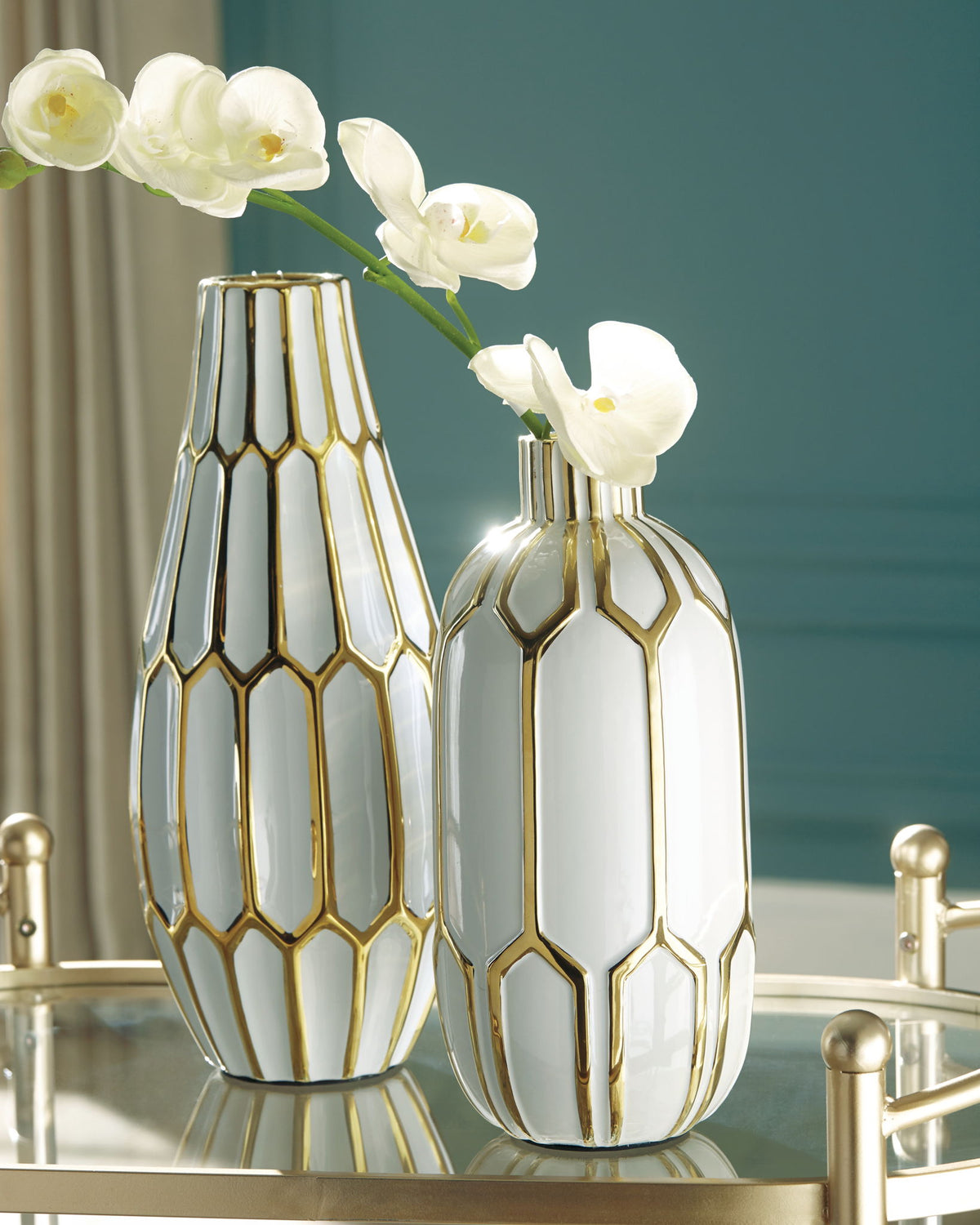 Mohsen - Indoor/Outdoor Vase Set (Set of 2) - Gold Finish / White by Ashley – view 2