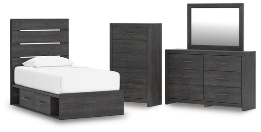 Hollivern - 4 Pc. - Twin Panel Storage Bed, Dresser, Mirror And Chest - Dark Gray – 4 Piece Bedroom Sets