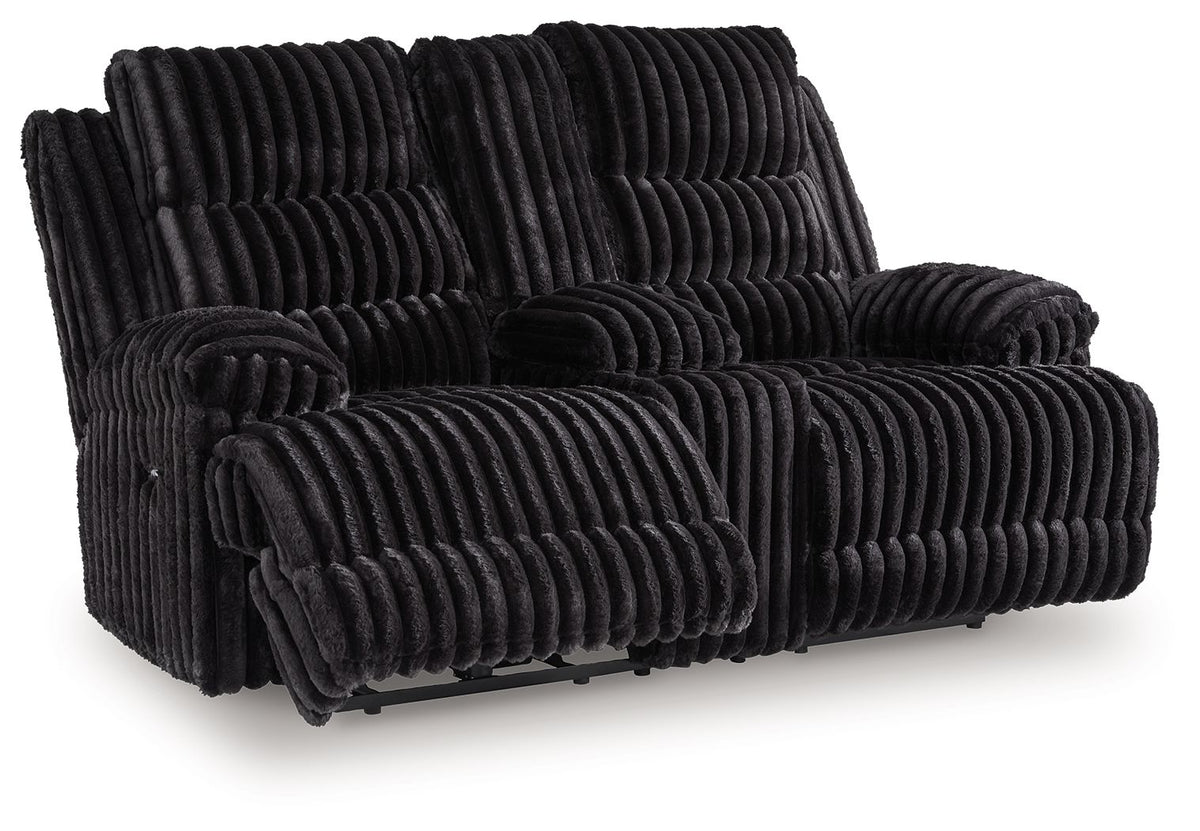 Rhine Falls - Double Reclining Power Loveseat With Console - Onyx by Ashley – Reclining Loveseats