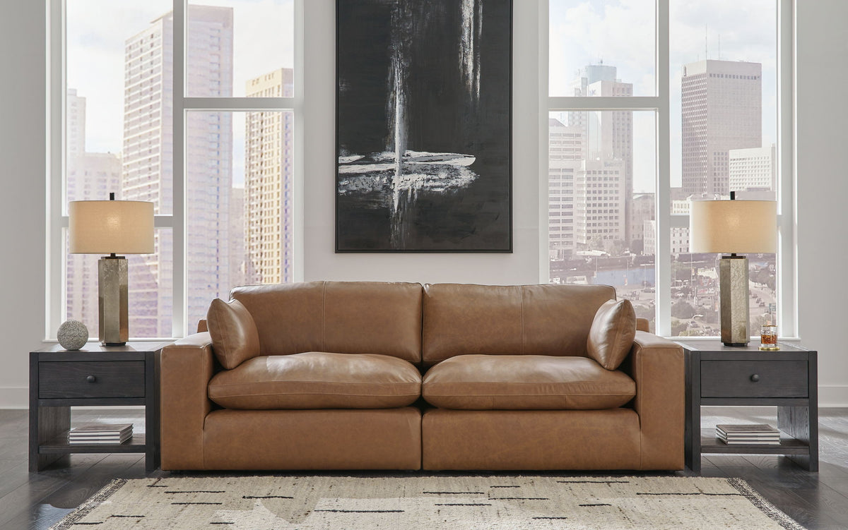 Emilia - 3 Pc. - 2-Piece Sectional Loveseat, Ottoman - Caramel by Ashley – view 2