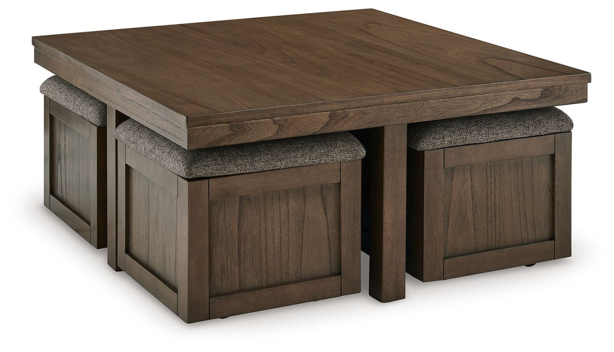 Boardernest - Cocktail Table With 4 Stools (Set of 5) - Brown by Ashley – 5 Piece Living Room Sets