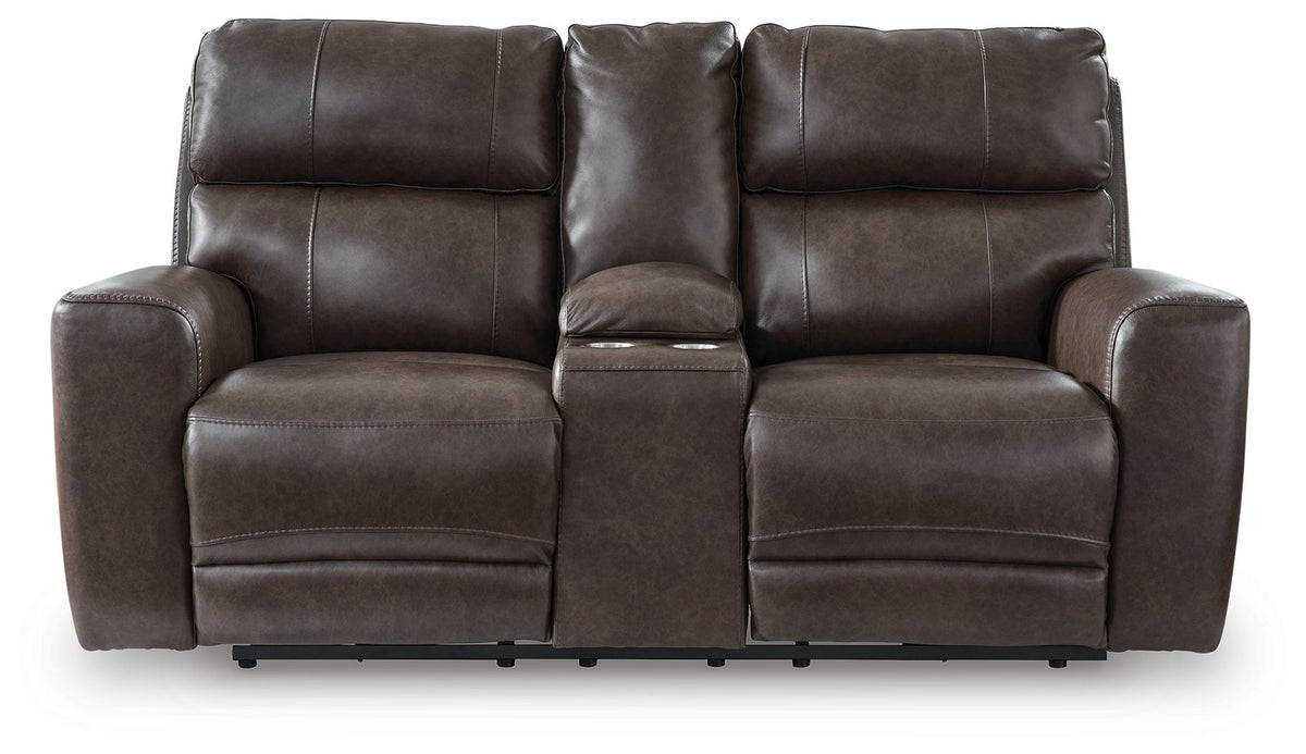 Crossplex - Power Reclining Loveseat / Console / Adjustable Headrest - Smoke by Ashley – Reclining Loveseats