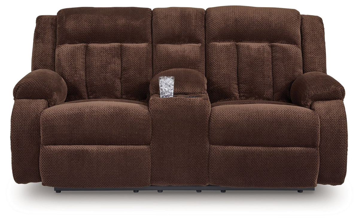 Free Wake - Double Relcining Power Loveseat With Console - Chocolate by Ashley – view 2