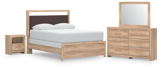 Kinlanni - 4 Pc. - Queen Panel Bed, Dresser, Mirror And Nightstand - Tan – 4 Piece Bedroom Sets