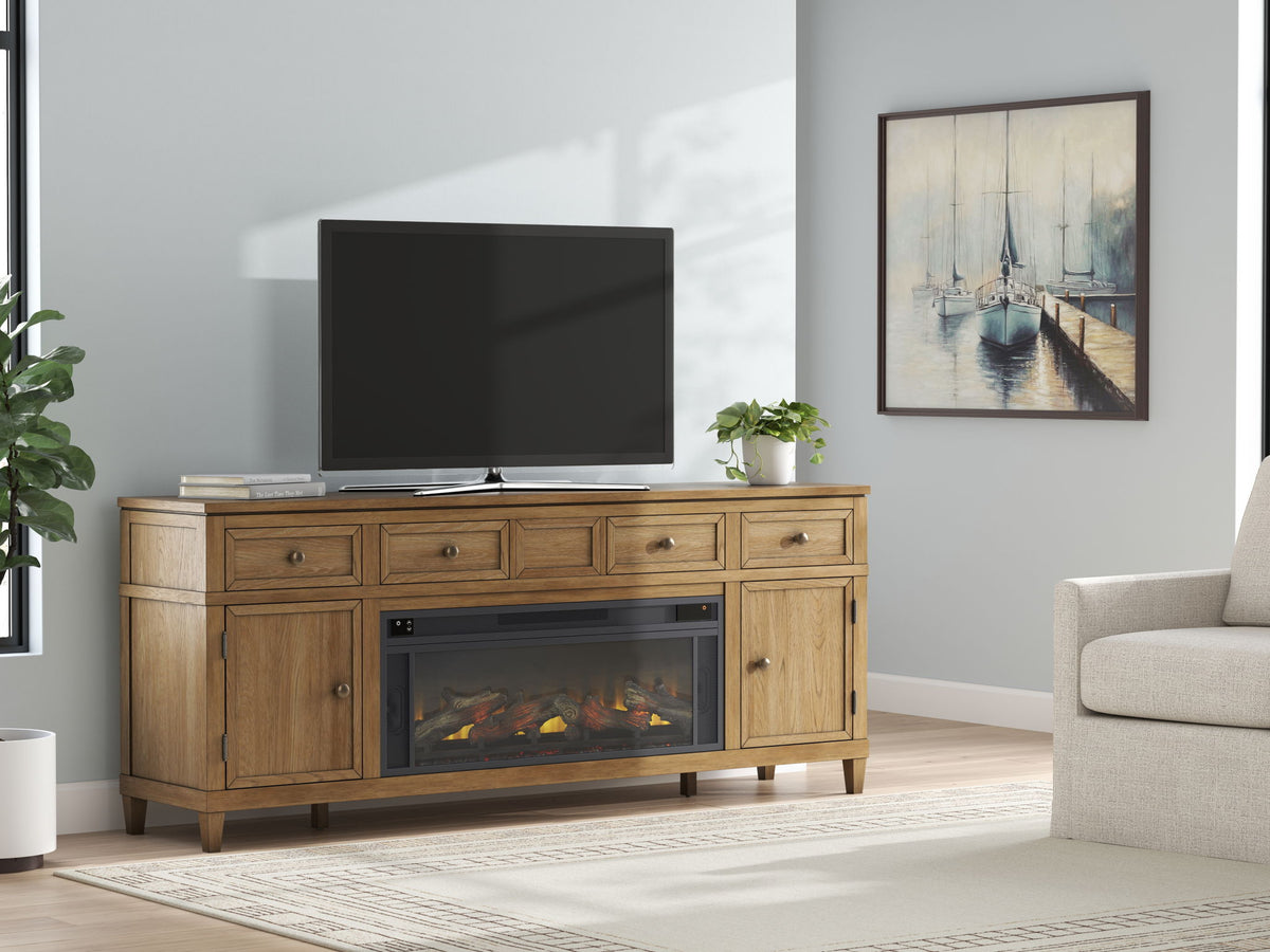 Sharlance - 81" TV Stand With Electric Infrared Fireplace Insert - Light Brown by Ashley – view 3