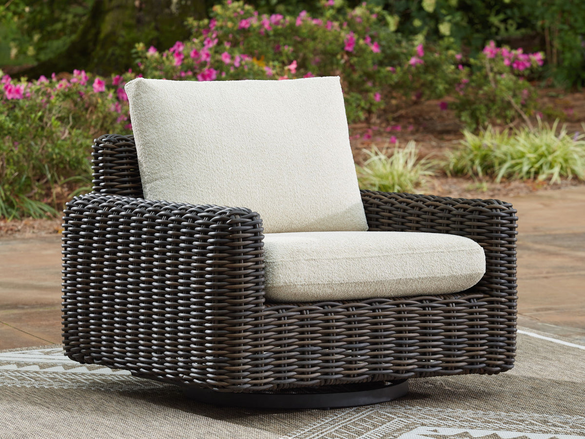 Kimora - 7 Pc. - 4-Piece Outdoor Sectional, Swivel Glider Lounge, Cocktail Table, End Table - Beige / Dark Brown by Ashley – view 3
