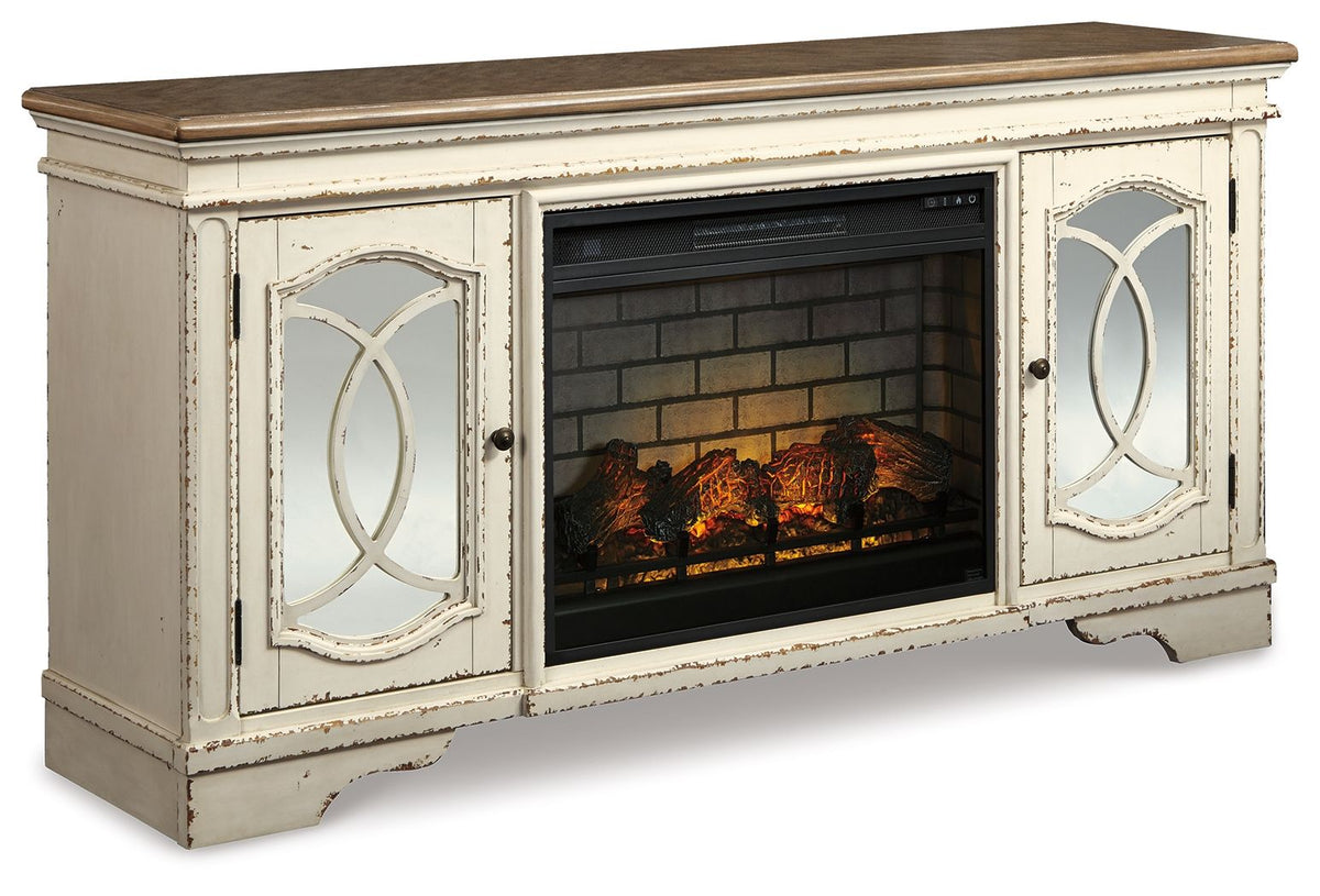 Realyn - 2 Pc. - 74" TV Stand With Electric Infrared Fireplace Insert - Chipped White by Ashley – Fireplace TV Stands
