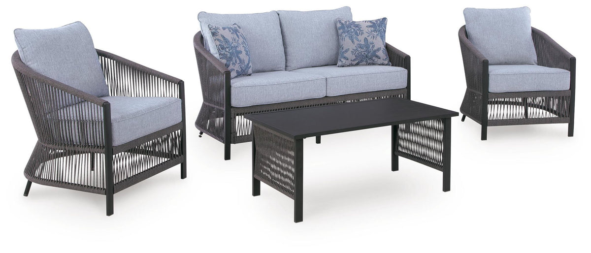 Bridges Beach - Loveseat, Lounge Chairs, Table Set (Set of 4) - Gray by Ashley – 4 Piece Outdoor Sets