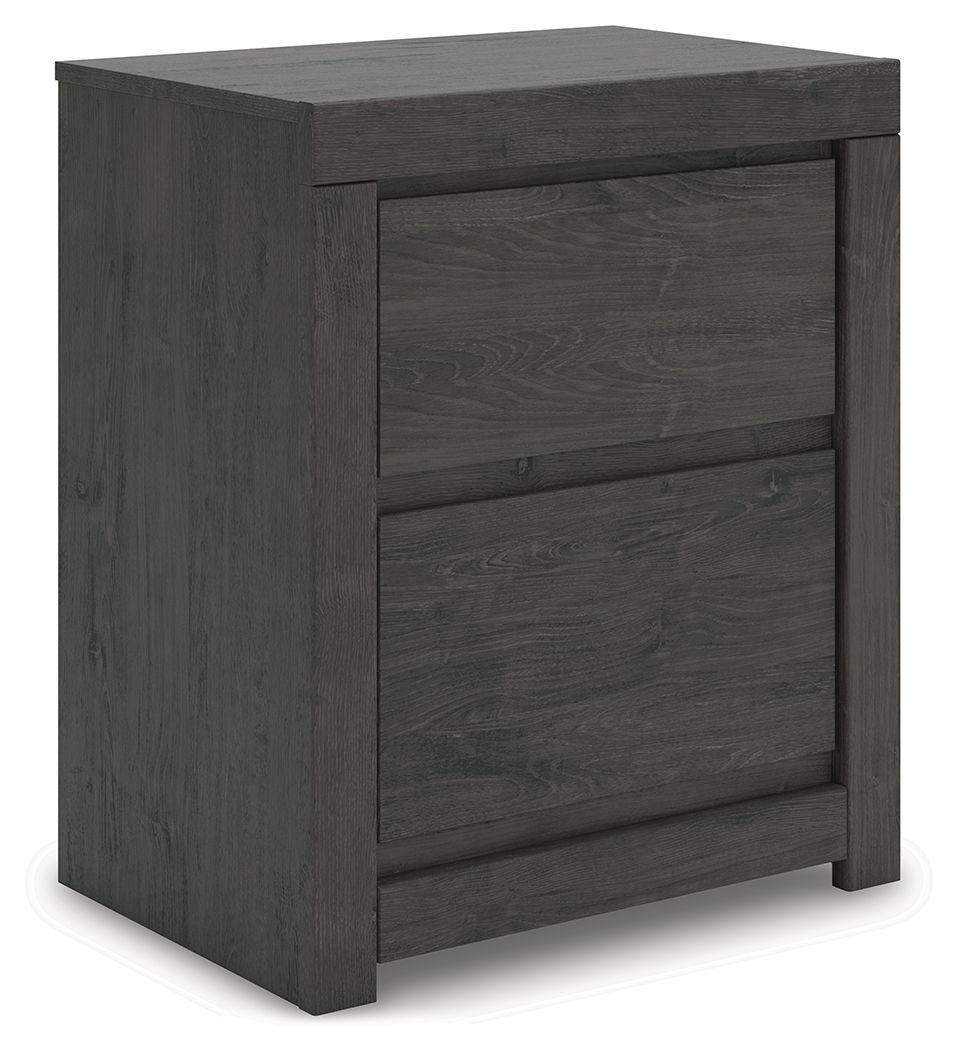 Fraluna - Two Drawer Night Stand - Charcoal by Ashley – Nightstands w/ Charging Stations