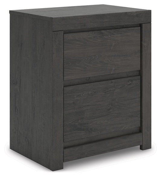 Fraluna - Two Drawer Night Stand - Charcoal by Ashley – Nightstands w/ Charging Stations