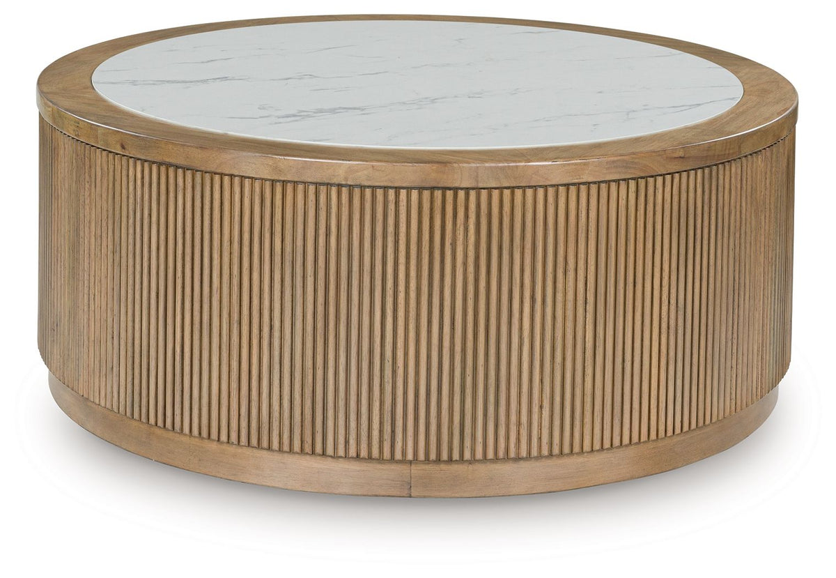 Camdill - Round Cocktail Table - Light Brown / White by Ashley – Coffee Tables