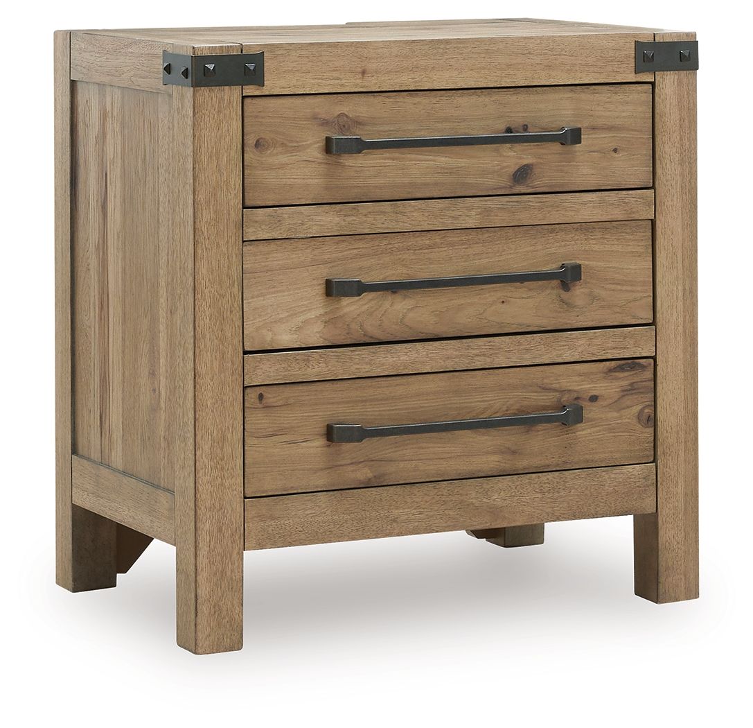 Ridgester - Three Drawer Night Stand - Light Brown – Nightstands w/ Charging Stations