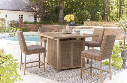 Walton Bridge - 5 Pc. - Square Bar Table W/Fire Pit, 4 Barstools - Driftwood by Ashley – 5 Piece Outdoor Sets