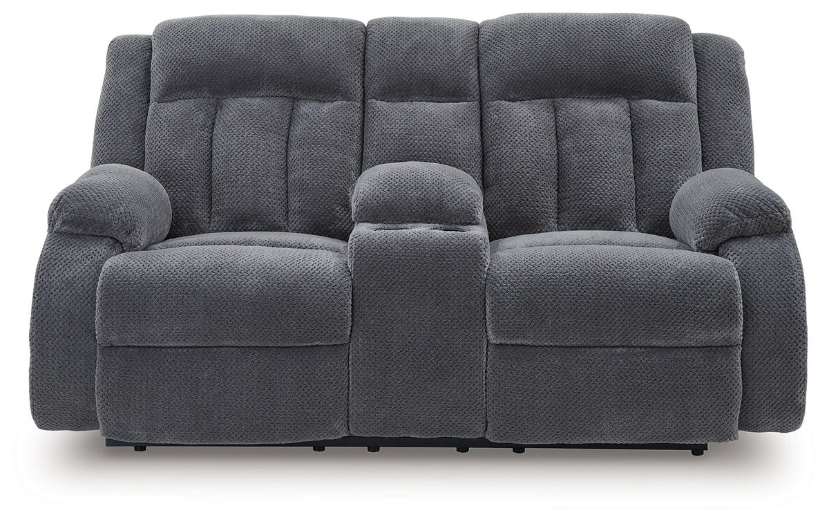 Observation - Double Reclining Power Loveseat With Console - Steel by Ashley – view 3