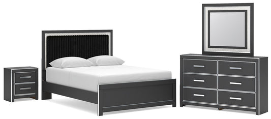 Zuraleus - 4 Pc. - Queen Upholstered Bed With Roll Slats, Dresser, Mirror And Nightstand - Black – 4 Piece Bedroom Sets
