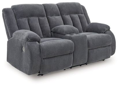 Observation - Double Reclining Power Loveseat With Console - Steel by Ashley – Reclining Loveseats
