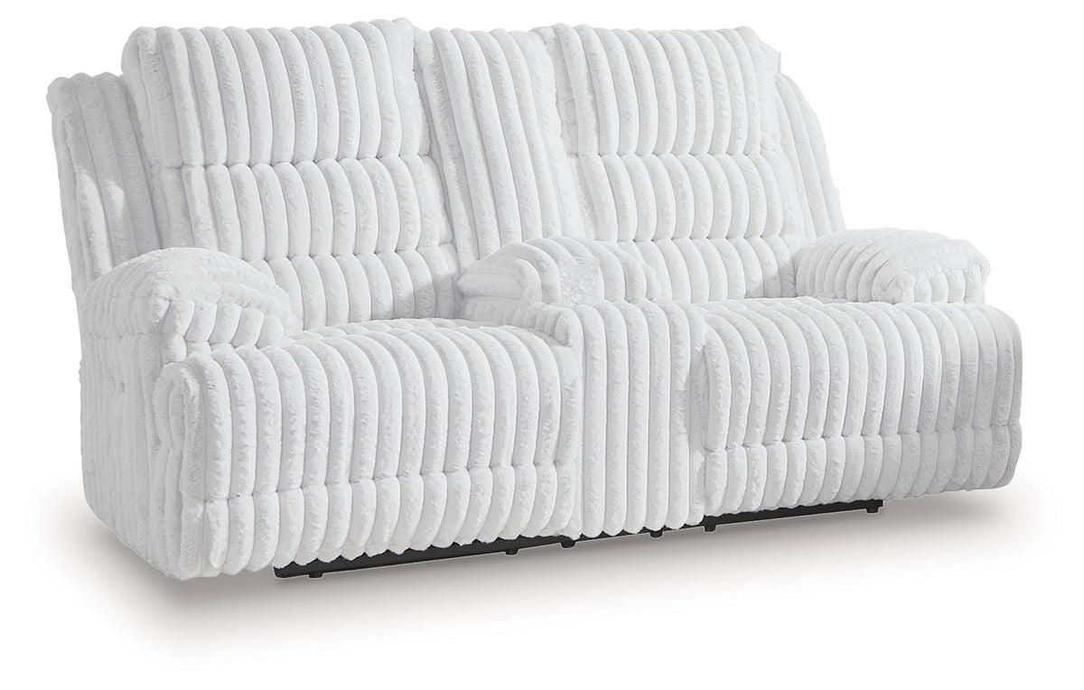 Rhines Falls - Double Reclining Power Loveseat With Console - Alloy by Ashley – Reclining Loveseats