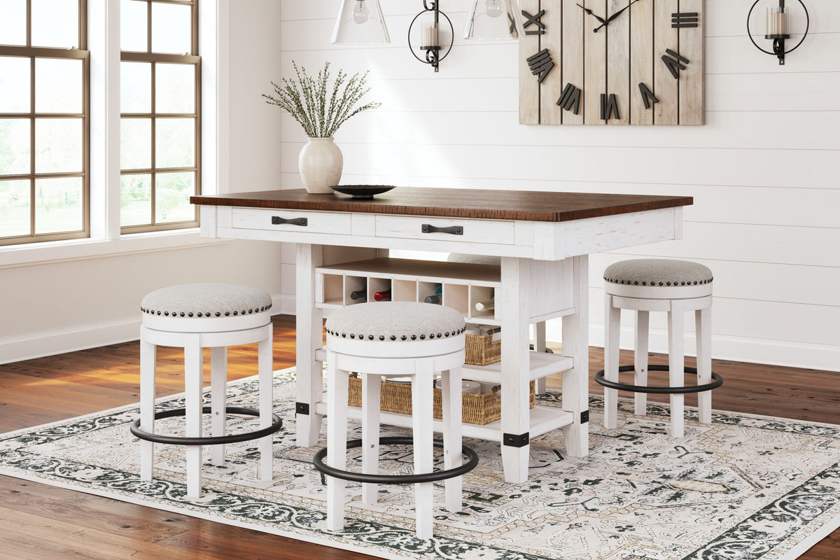 Valebeck - 5 Pc. - Counter Table With Wine Rack, 4 Swivel Stools - White / Brown by Ashley – 5 Piece Dining Room Sets