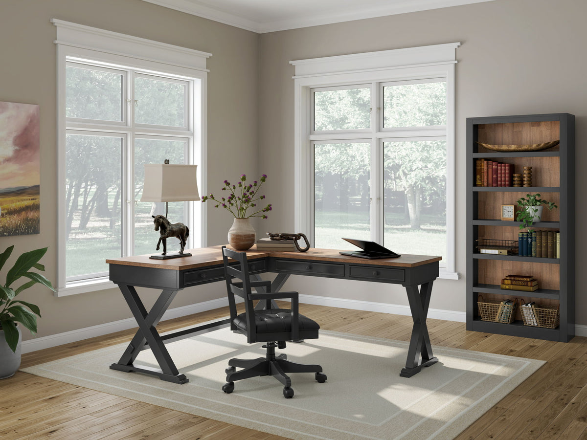 Wildenauer - 4 Pc. - Home Office Desk And Return, Swivel Desk Chair, Bookcase - Brown / Black by Ashley – 4 Piece Home Office Sets