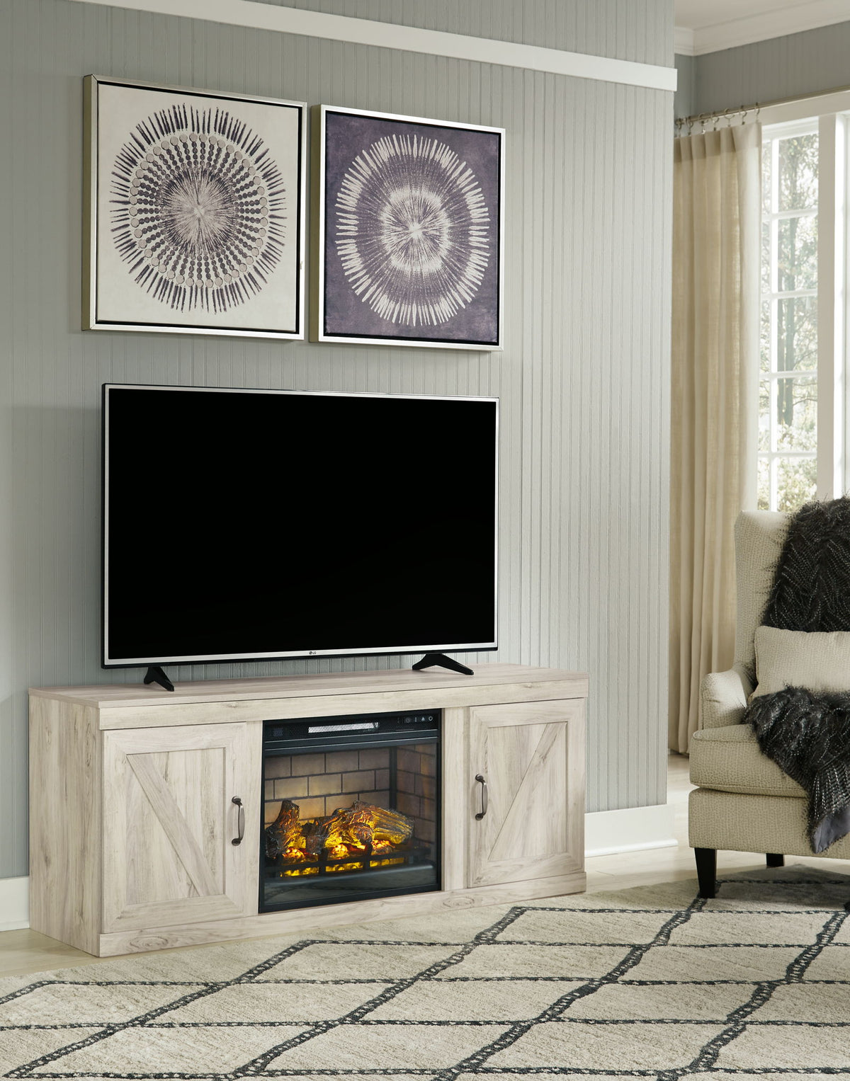 Bellaby - TV Stand With Faux Firebrick Fireplace Insert - Whitewash by Ashley – Fireplace TV Stands