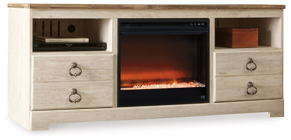 Willowton - 64" TV Stand With Glass/Stone Fireplace Insert - Whitewash by Ashley – Fireplace TV Stands