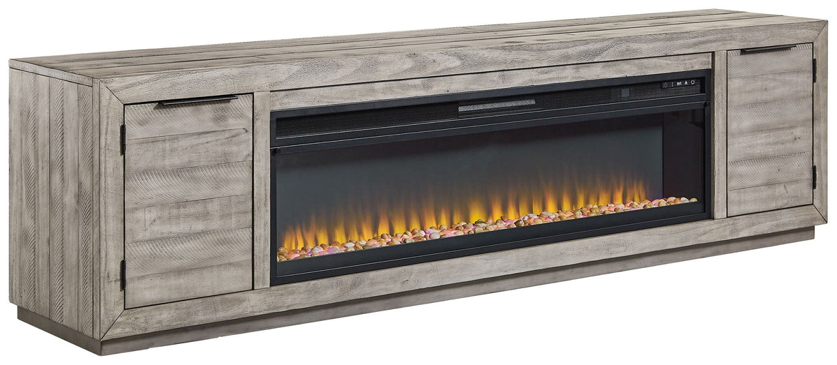 Naydell - 92" TV Stand With Wide Fireplace Insert - Gray by Ashley – Fireplace TV Stands