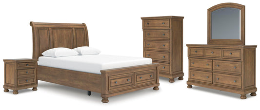 Feddinger - 5 Pc. - Queen Sleigh Storage Bed, Dresser, Mirror, Chest And Nightstand - Medium Brown – 5 Piece Bedroom Sets