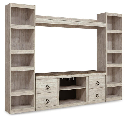 Willowton - 4-Piece Entertainment Center - Whitewash by Ashley – Entertainment Centers