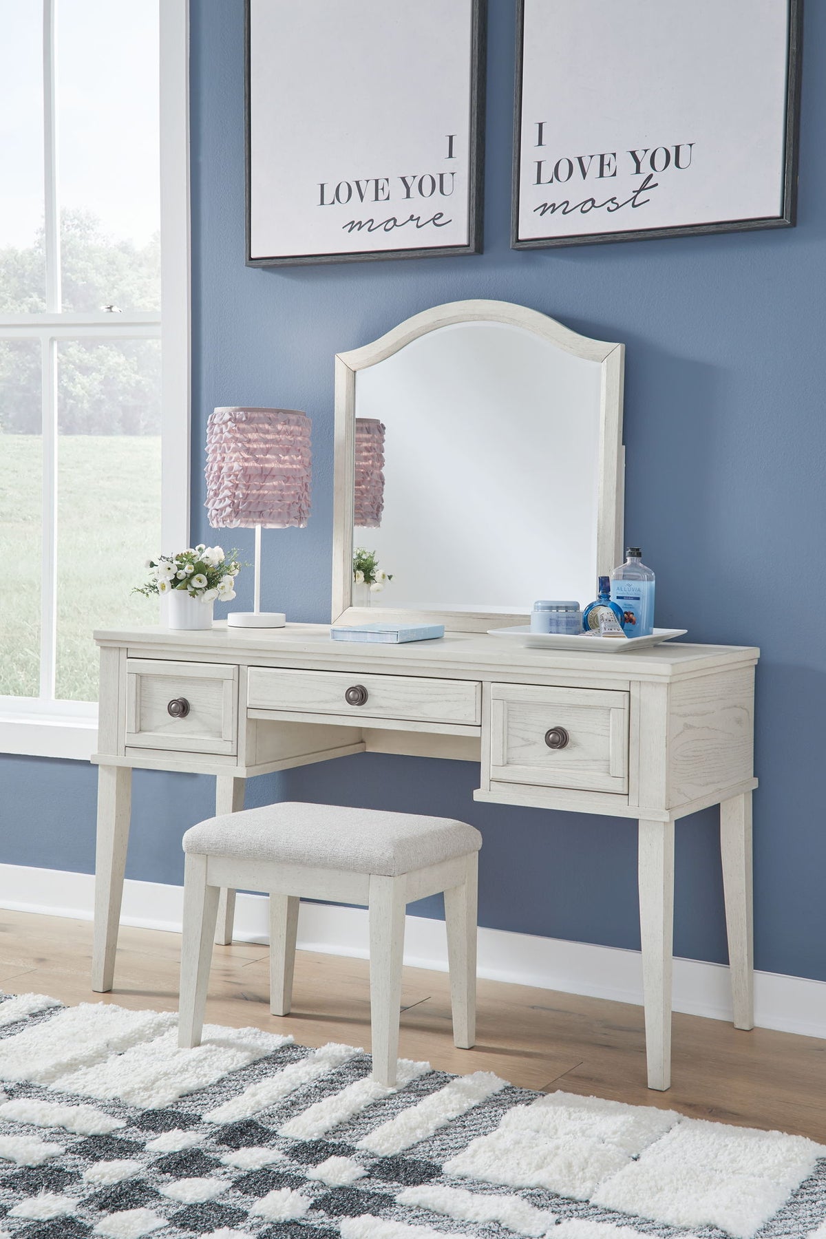 Robbinsdale - Mirrored Vanity With Stool - Antique White by Ashley – Vanity Sets
