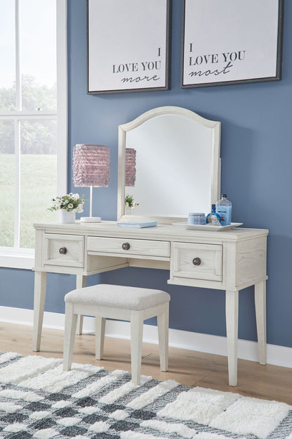 Robbinsdale - Mirrored Vanity With Stool - Antique White by Ashley – Vanity Sets