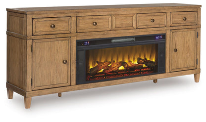 Sharlance - 81" TV Stand With Electric Infrared Fireplace Insert - Light Brown by Ashley – Fireplace TV Stands