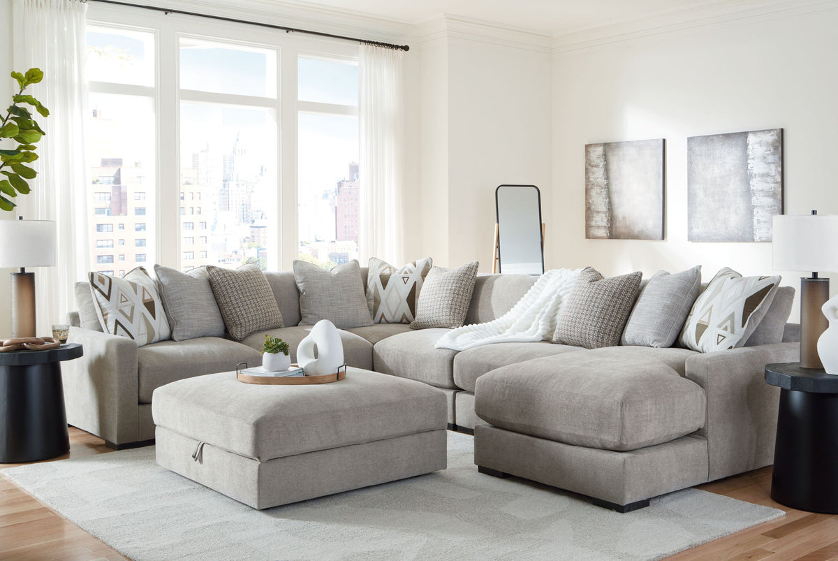 Aslan Court - 7 Pc. - 6-Piece Sectional With Raf Corner Chaise, Ottoman - Pebble – 7 Piece Living Room Sets