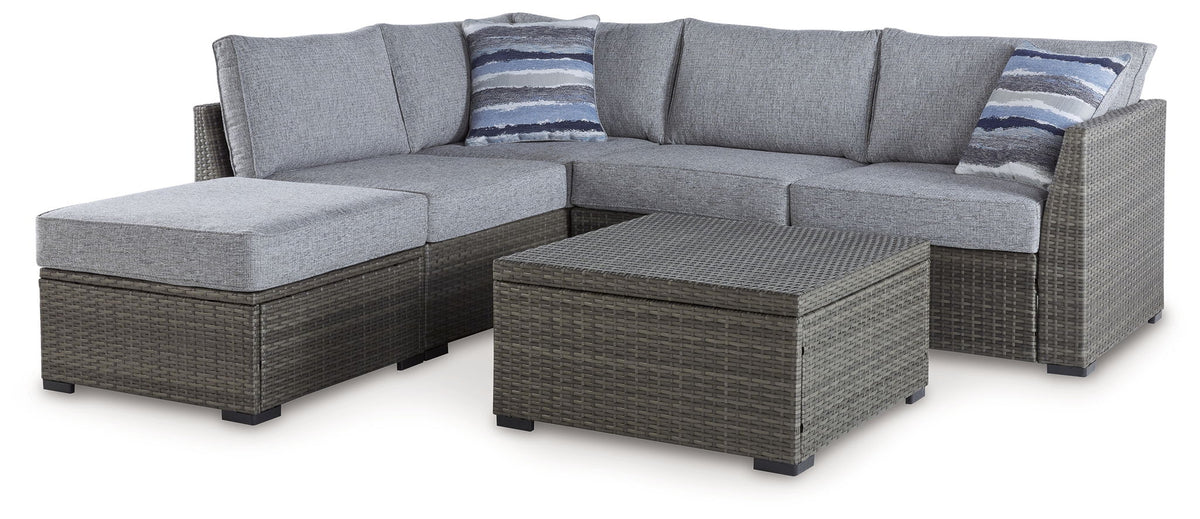 Petal Road - Loveseat Sectional, Ottoman, Table Set (Set of 4) - Gray by Ashley – 4 Piece Outdoor Sets