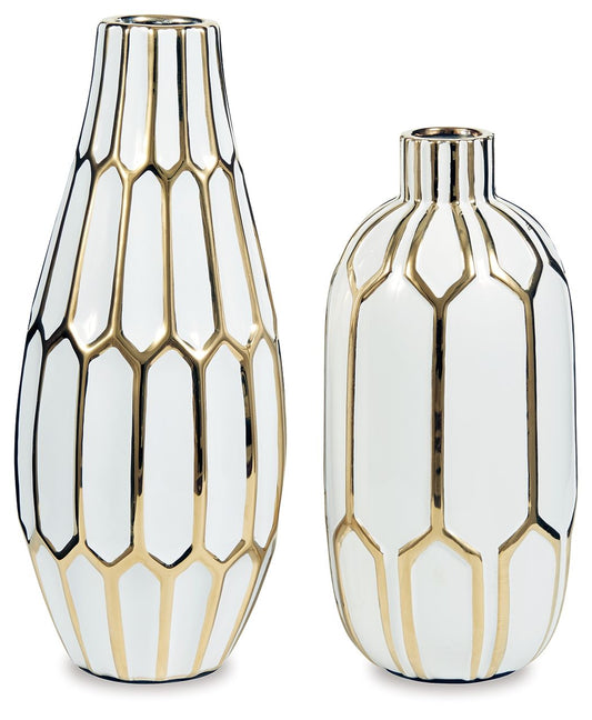 Mohsen - Indoor/Outdoor Vase Set (Set of 2) - Gold Finish / White by Ashley – Vases & Jars