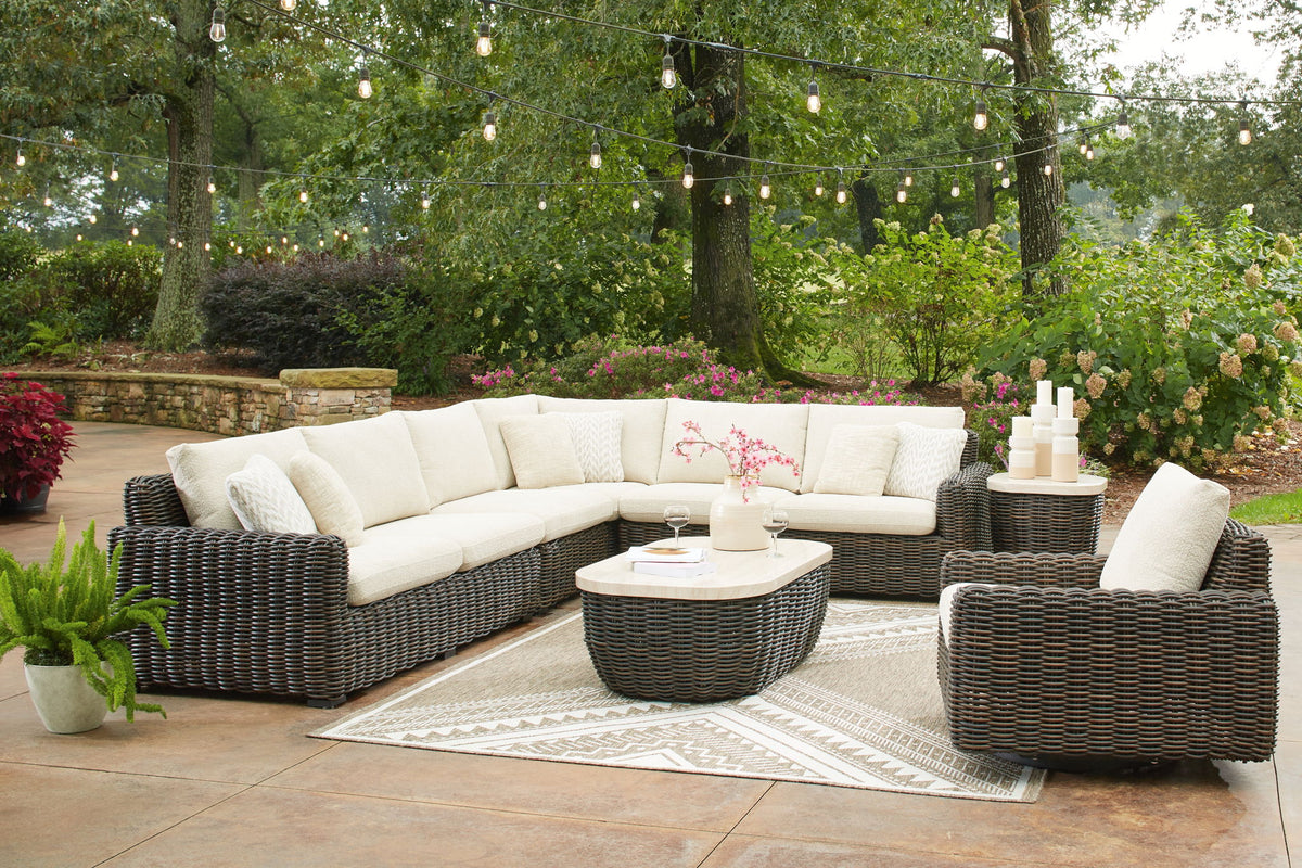 Kimora - 7 Pc. - 4-Piece Outdoor Sectional, Swivel Glider Lounge, Cocktail Table, End Table - Beige / Dark Brown by Ashley – 7 Piece Outdoor Sets