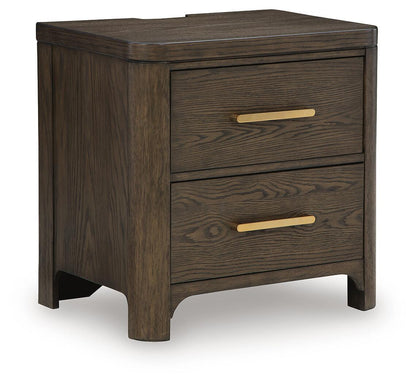 Radkin - Two Drawer Night Stand - Burnished Brown by Ashley – Nightstands w/ Charging Stations