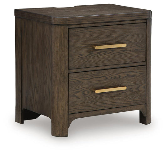 Radkin - Two Drawer Night Stand - Burnished Brown by Ashley – Nightstands w/ Charging Stations