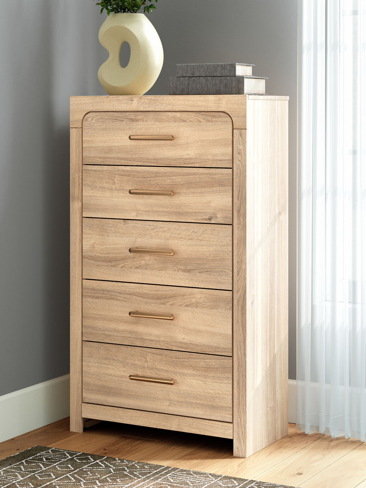 Kinlanni - Five Drawer Chest - Tan by Ashley – view 4