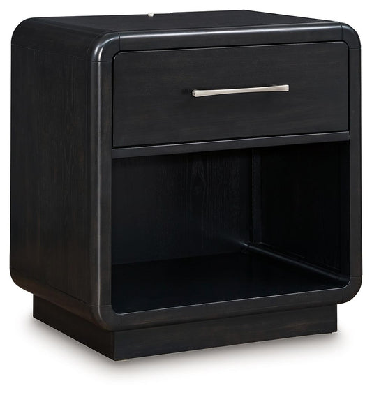Rowanbeck - One Drawer Night Stand - Black by Ashley – Nightstands w/ Charging Stations