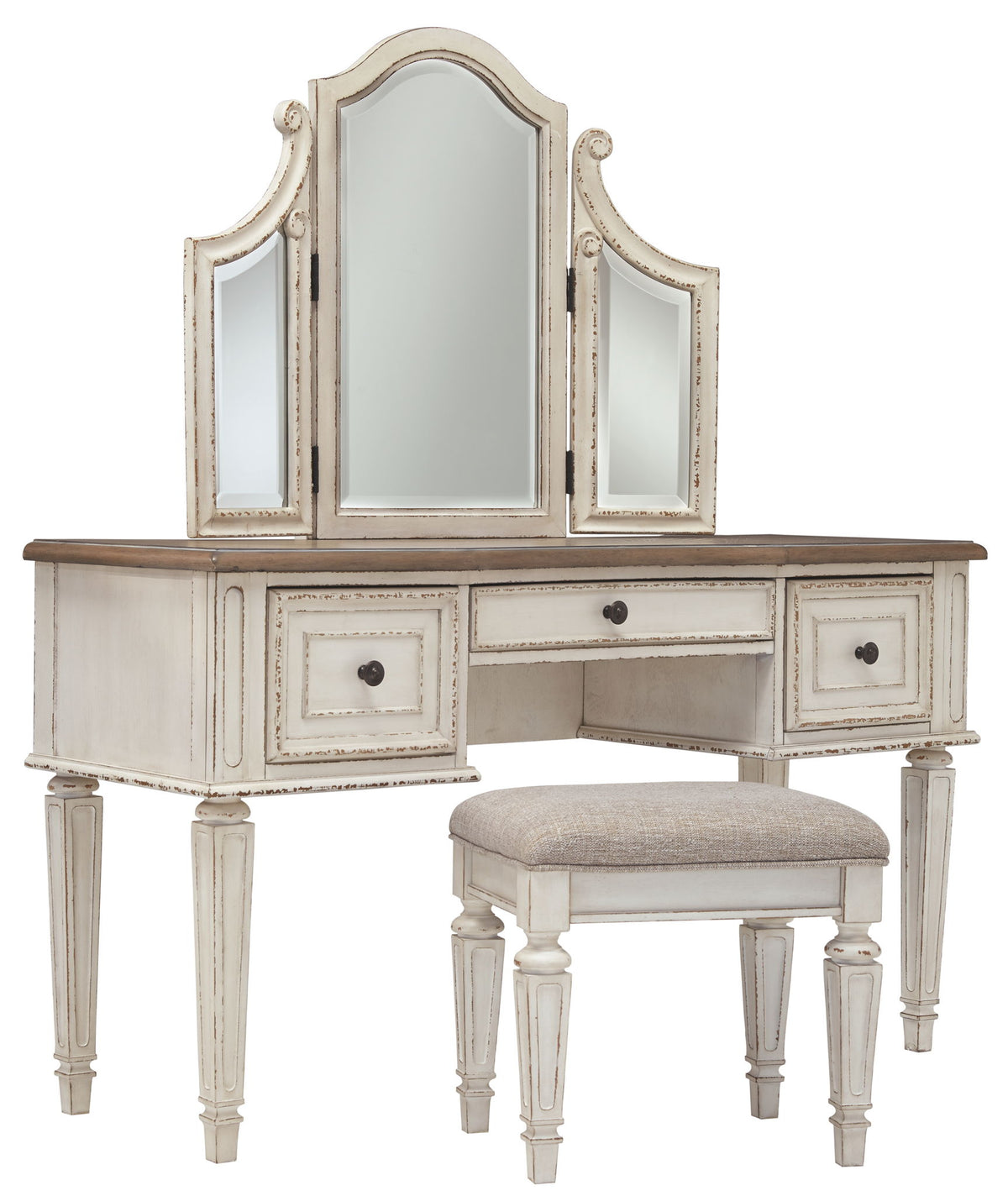 Realyn - Vanity/Mirror/Stool (Set of 3) - White / Brown / Beige by Ashley – Vanity Sets