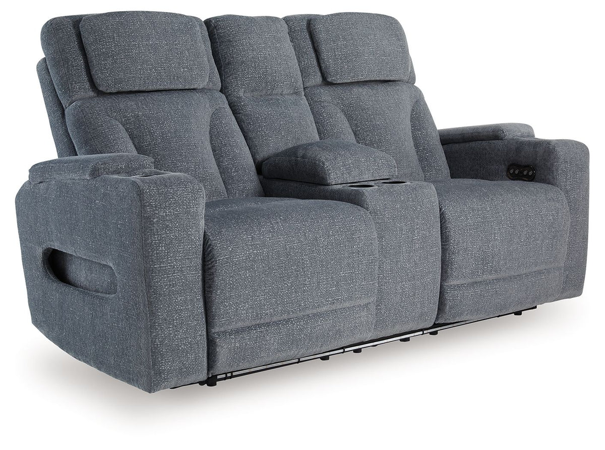 Studio Cave - Power Reclining Loveseat with Console - Steel by Ashley – Reclining Loveseats