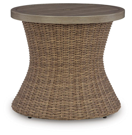 Laguna Heights - Round End Table With Umbrella Option - Beige by Ashley – End Tables