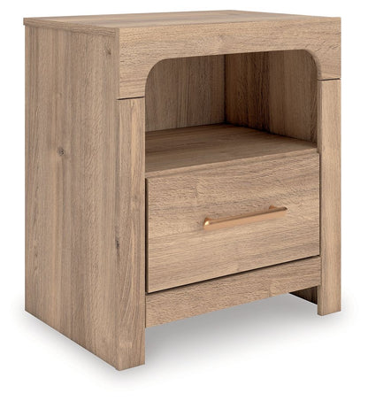 Kinlanni - One Drawer Night Stand - Tan by Ashley – Nightstands w/ Charging Stations